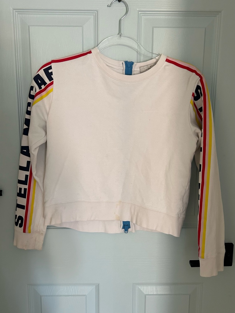 Stella McCartney Kids White Crewneck Sweatshirt with Striped Sleeves